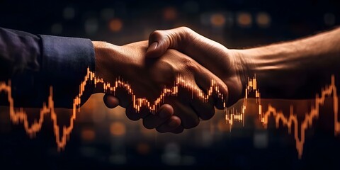 A close-up of two hands shaking, overlaid with a stylized stock market graph, symbolizing business partnership or agreement. Concept Business Partnership, Hands Shaking, Stock Market Graph