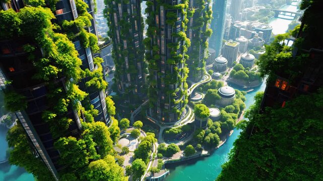 A futuristic urban environment featuring skyscrapers adorned with lush vertical gardens, a flowing river intersecting a vibrant cityscape, and a harmonious blend of sustainable architecture and greene