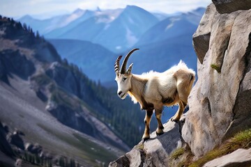 a rugged mountain goat scrambling up a rocky cliff face ecology