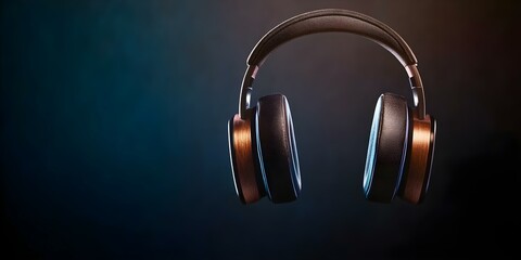 A pair of stylish black and copper over-ear headphones set against a dark, gradient background. Concept Stylish Headphones, Black and Copper Design, Over-Ear Comfort, Dark Gradient Background