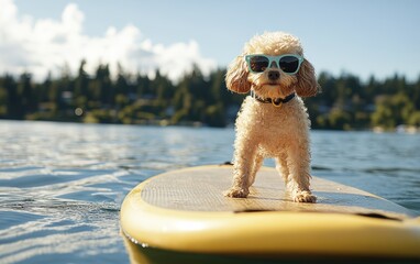 Small cute dog in funny sunglasses paddleboarding by bright yellow SUP board at the lake during summertime