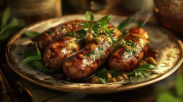 A high-resolution image of a plate of cooked sausages with a focus on their juicy, plump texture and a garnish of fresh herbs and condiments.