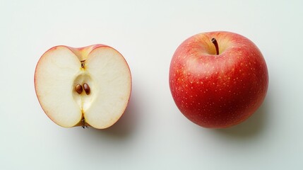 A Single Red Apple Sliced in Half Against a White Background: A Detailed Look at the Fruit's Interior and Exterior