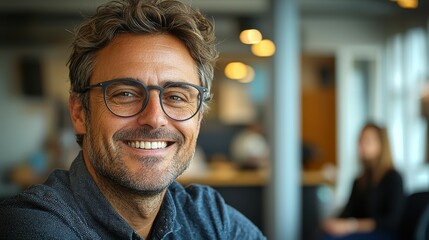 Obraz premium Smiling middle-aged man with glasses in a modern office setting.