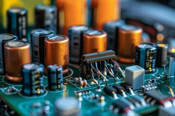 Green circuit board featuring capacitors, resistors, and wires, showcasing the complexity of electronics