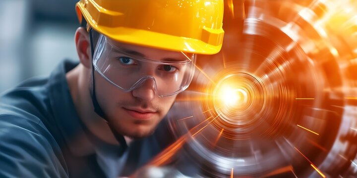 A focused worker in safety gear, including a yellow hard hat and goggles, engaged in a mechanical task with a bright, dynamic background. Concept Worker in Safety Gear, Mechanical Task