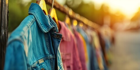 Obraz premium A row of colorful shirts and denim jackets hanging on a clothesline, illuminated by warm sunlight. Concept Colorful Shirts, Denim Jackets, Clothesline Display, Warm Sunlight