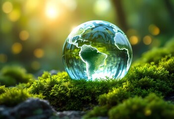 Crystal Globe Depicting Africa Resting on Lush Green Moss