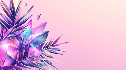 Obraz premium Iridescent Crystals and Tropical Leaves on Pink Background