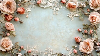 Fototapeta premium Valentine's Day border frame with vintage-inspired floral patterns, muted colors, and delicate lace detailing 