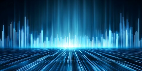 An abstract digital landscape with glowing blue lines and vertical bars resembling a futuristic city or soundwave visualization. Concept Futuristic Cityscape, Abstract Digital Art