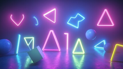 Neon Geometric Shapes and Spheres Abstract Art