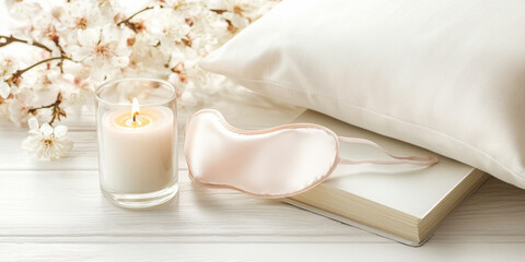 Cozy bedtime scene with sleep mask and open book on bed, suitable as background