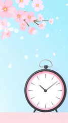 Pastel Pink Alarm Clock Spring Blossoms Soft Background Design