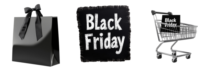 Set of A shopping cart and others with a large red "Black Friday" sign prominently displayed on the fron on transparent png background