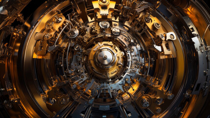 Obraz premium Mechanical Clock Inner Workings in Fish-Eye