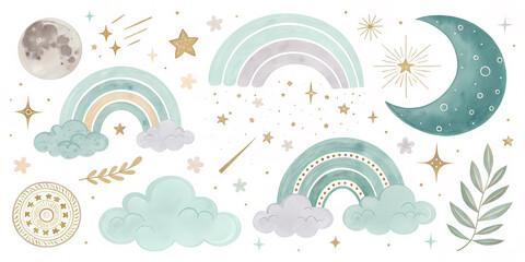 Ethereal celestial watercolor design featuring moons, stars, and rainbows for creative projects.
