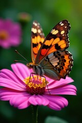 Close-up of a butterfly's wings on a flower, showcasing its unique patterns and details, surrounded by lush greenery, wildlife, insects
