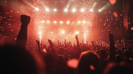 Celebraci&oacute;n en Vivo: Multitud Vibrante Bajo las Luces y Fuegos Artificiales en un Concierto de M&uacute;sica &Eacute;pico