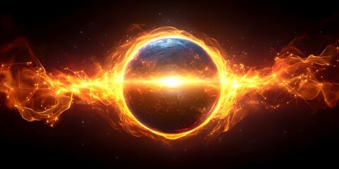 Obraz premium A glowing, fiery planet surrounded by dynamic energy waves and cosmic elements, depicting a vibrant and imaginative astronomical scene. Concept Glowing Fiery Planet, Dynamic Energy Waves