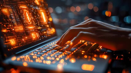 Hands typing on a laptop with glowing orange digital lights, symbolizing technology, coding, and futuristic innovation