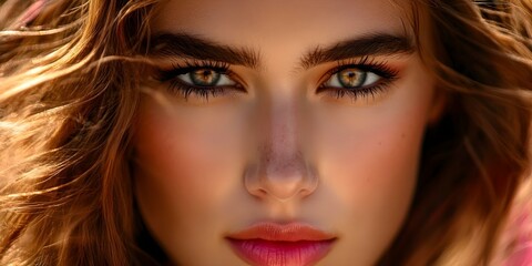 Fototapeta premium A close-up portrait of a young woman with striking features, captivating eyes, and flowing hair illuminated by natural light. Concept Close-Up Portrait, Natural Light, Striking Features