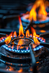 Stove burner is lit with a blue flame