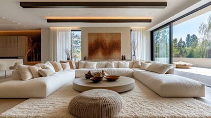 Luxurious modern living room, panoramic windows, desert mountain view, exposed wooden beams, white couches, circular coffee table, large abstract art, neutral color palette, woven poufs, high ceiling,