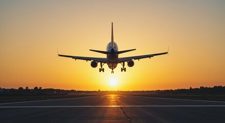 Fototapeta premium Airplane taking off at sunset, travel tourism.