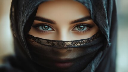 Naklejka premium beautiful young Muslim woman covered her face in hijab. focus on the eyes, fashion oriental style woman.