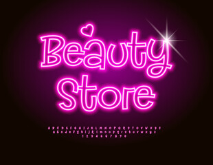 Vector glamour logo Beauty Store with decorative Heart. Pink Neon Font. Elegant Alphabet Letters and Numbers set