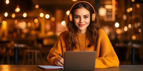 A young woman wearing headphones sits at a table with a laptop and notebook, smiling in a warmly lit environment. Concept Studying Environment, Cozy Workspace, Joyful Focus