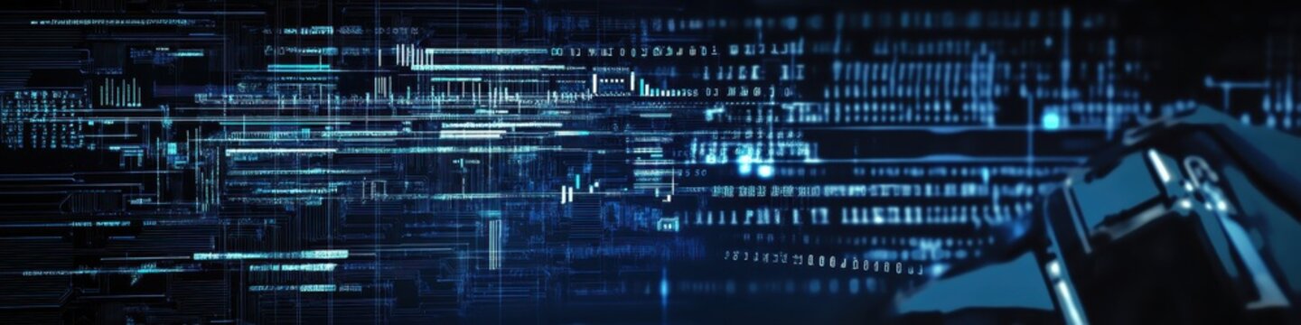 Digital technology, binary code stream, glowing blue data, futuristic interface, abstract cyber landscape, information flow, network connections, technological background, digital transformation, data