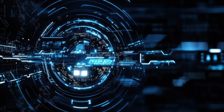 Digital technology, binary code stream, glowing blue data, futuristic interface, abstract cyber landscape, information flow, network connections, technological background, digital transformation, data