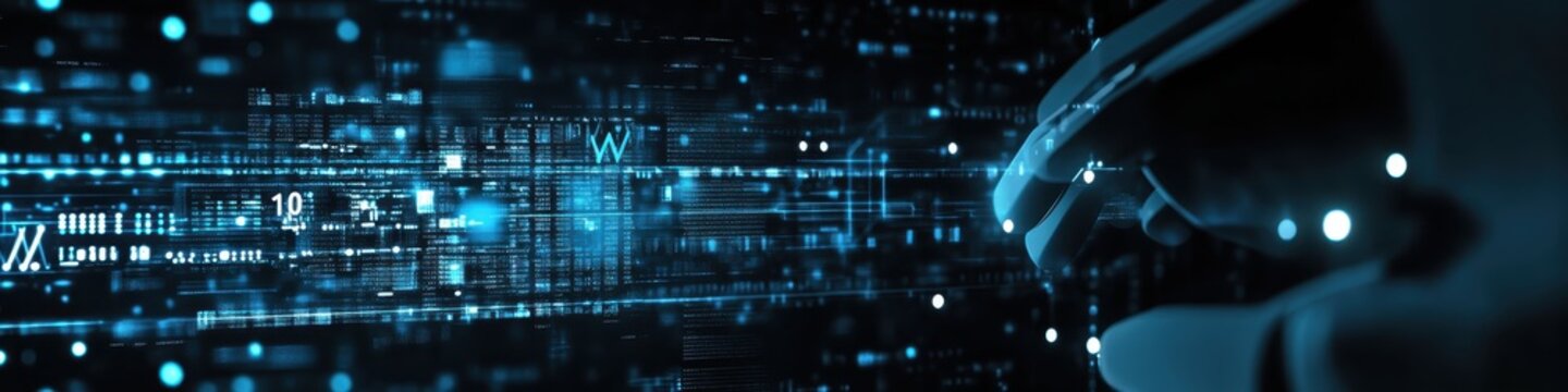 Digital technology, binary code stream, glowing blue data, futuristic interface, abstract cyber landscape, information flow, network connections, technological background, digital transformation, data