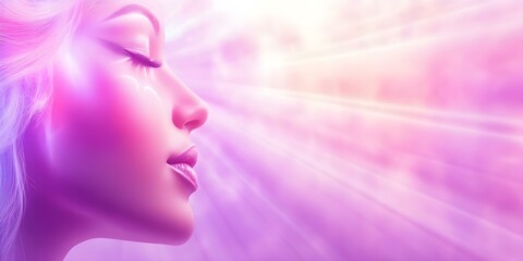 A close-up profile of a woman's face with ethereal lighting and a soft, dreamy color palette in shades of pink and purple. Concept Ethereal Lighting, Close-Up Portrait, Dreamy Color Palette