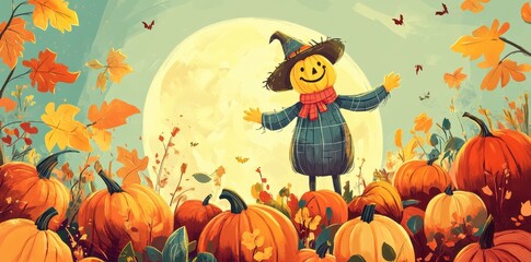 A cheerful pumpkin scarecrow amidst autumn pumpkins