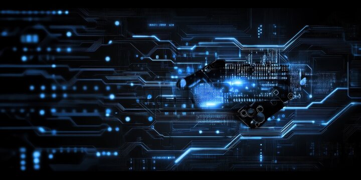 Digital technology, binary code stream, glowing blue data, futuristic interface, abstract cyber landscape, information flow, network connections, technological background, digital transformation, data