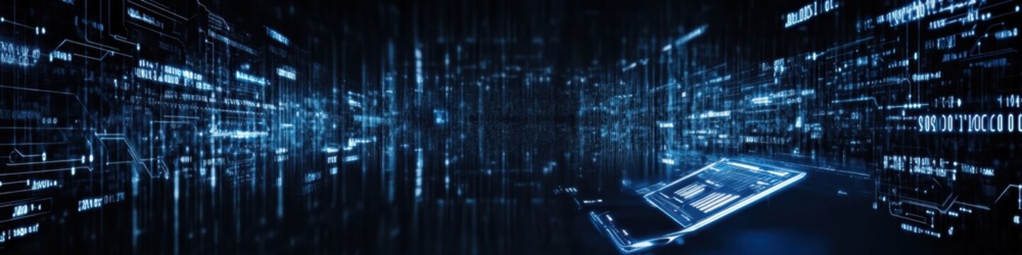 Digital technology, binary code stream, glowing blue data, futuristic interface, abstract cyber landscape, information flow, network connections, technological background, digital transformation, data