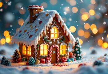 Fototapeta premium Festively Decorated Gingerbread House With Holiday Lights And Snowy Background