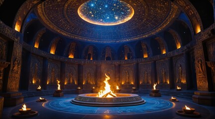 Obraz premium Majestic Ancient Chamber with Central Fire Pit and Starlit Dome Ceiling