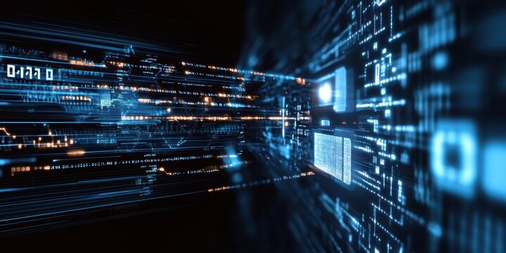 Digital technology, binary code stream, glowing blue data, futuristic interface, abstract cyber landscape, information flow, network connections, technological background, digital transformation, data