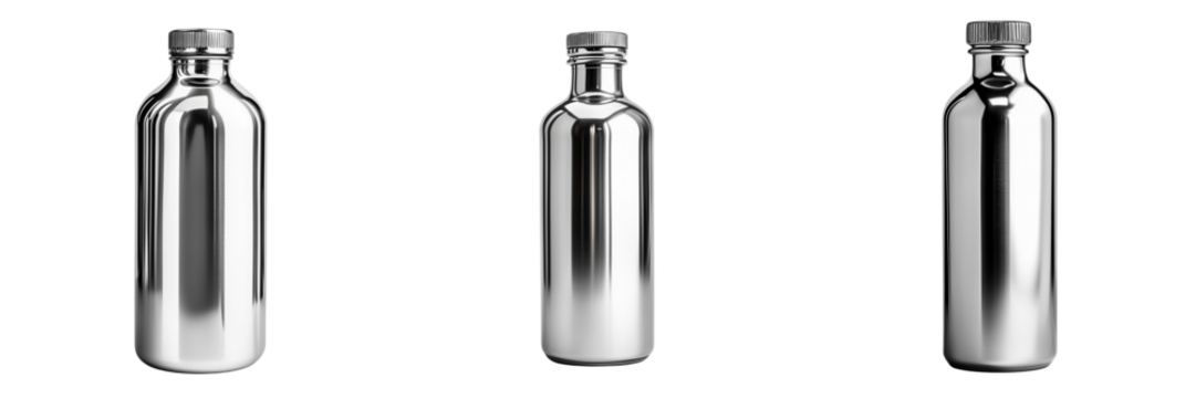 Set of A stainless steel flask bottle resting on a stylish kitchen countertop next to a coffee cup and a plant on transparent png background