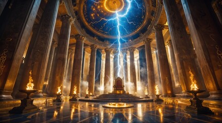 Obraz premium Grand Throne Room with Towering Columns, Electric Lightning, and Fiery Torches