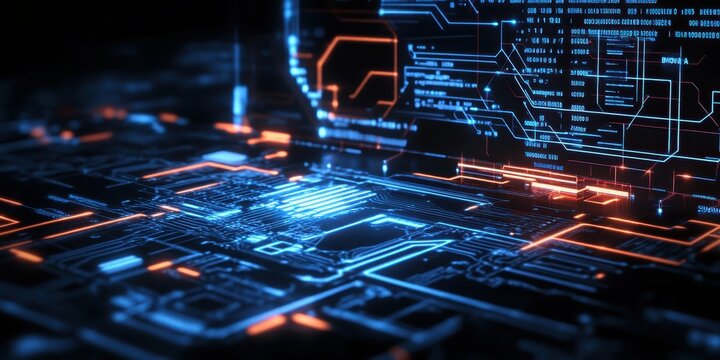 Digital technology, binary code stream, glowing blue data, futuristic interface, abstract cyber landscape, information flow, network connections, technological background, digital transformation, data
