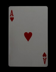 Flying playing card for poker and gambling, ace heart isolated on black, clipping path
