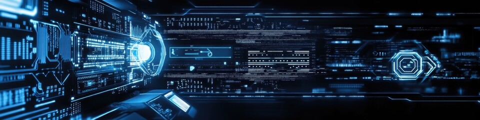 Obraz premium Digital technology, binary code stream, glowing blue data, futuristic interface, abstract cyber landscape, information flow, network connections, technological background, digital transformation, data