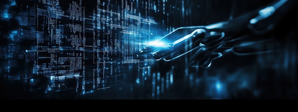 Digital technology, binary code stream, glowing blue data, futuristic interface, abstract cyber landscape, information flow, network connections, technological background, digital transformation, data