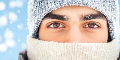 A close-up of a person's face with snowy eyebrows, eyes, and a scarf, set against a winter background with falling snow. Concept Winter Portrait, Snowy Eyebrows, Cozy Scarf, Winter Wonderland