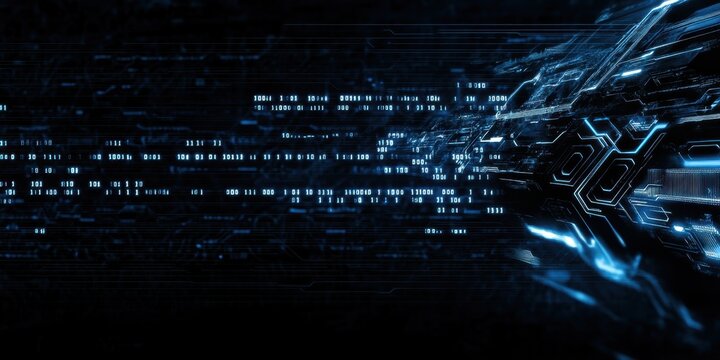 Digital technology, binary code stream, glowing blue data, futuristic interface, abstract cyber landscape, information flow, network connections, technological background, digital transformation, data
